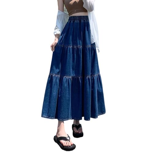 Korean Version Women's High Waisted Layered Denim Skirt, Plus Size A-line Extra Long