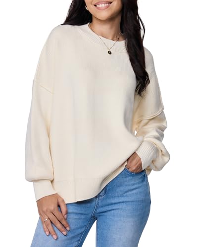 SUHK ASANA Womens Oversized Sweater 2025 Trendy Pullover Crew Neck Long Sleeve Knit Top Fit Cozy Fall Winter Jumper Outwear (US Alpha Small Cream