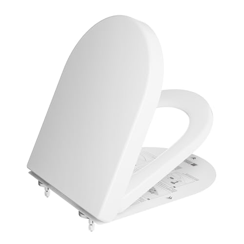 DERW D Shaped Soft Close Toilet Seat Heavy Duty Premium Thermoplastic Quick Release Easy Clean and Install with Alignment Guide Durable White Toilet Seat - 46cm x 36.5cm x 5cm