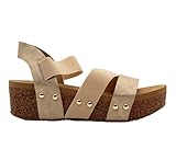 VOLATILE Women's Picnic Wedge Sandal – Textile Platform Slide with Asymmetrical Elastic Straps, Metal Stud Accents & EVA Comfort Insole, Gold, 9