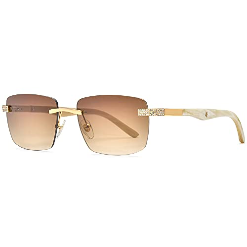Image of HEPIDEM 100% Really Buffalo Horn Handmade Sun Glasses for Women,Square Rimless Luxury Buffs Sunglasses With Diamonds