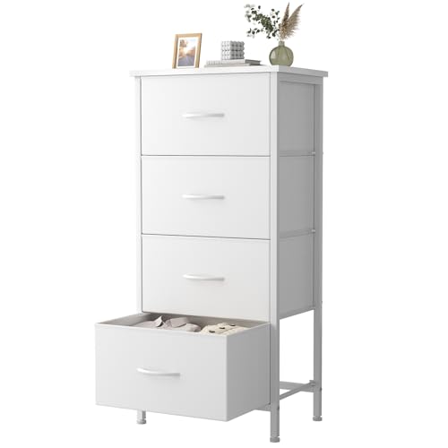 Sweetcrispy 4 Fabric Drawer Small Dresser Bedside Nightstand with Wooden Top Sturdy Frame Entryway Closet Bedroom Storage Cabinet Furniture for Dorm White