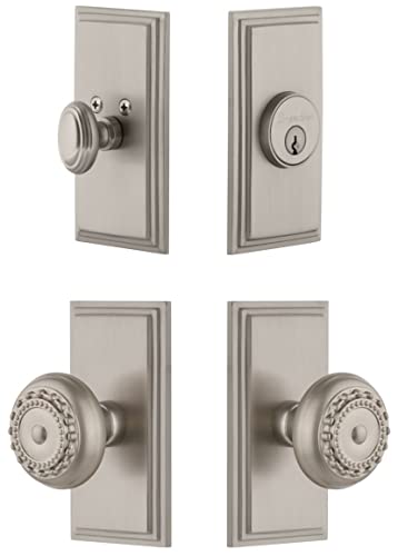 Grandeur CARPAR_SP_ESET_234 Carre Solid Brass Single Cylinder Keyed Entry Knobset and Deadbolt Combo Pack with Parthenon Knob and 2-3/4" Backset - Satin Nickel