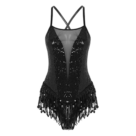 iiniim Women's One Piece Tassels Shiny Sequins Ballroom Latin Dance Leotard Flowy Fringe Bodysuit Dancewear 2_Black XL Cover