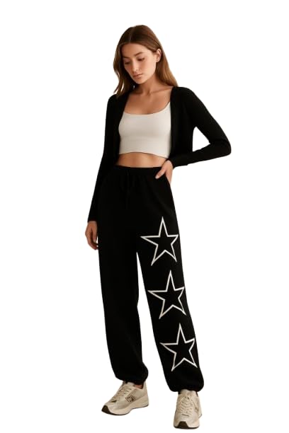 Women's Oversized Star Printed Black Joggers | Relaxed Fit Streetwear Track Pants with Elastic Waist & Pockets | Casual Lounge Wear for Girls & Teens-image-26