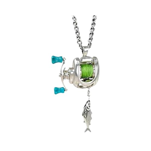 GRABAGECAN Fishing Reel Necklace Rotating Handle Swirling Reel Pendant Keychain Backpack Charm Keychain for Fishermen