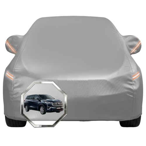 Image of Pivalo Car Cover for Toyota Innova Hycross All Model & Years with Mirror Pocket 100% Waterproof Triple Stitched Bottom Elastic Dust, Heat & UV Resistant Full Body Protection (Grey with Highlighter)
