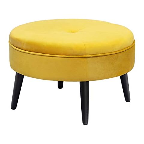Homebeez 23" Round Velvet Footrest Stool, Upholstered Ottoman Coffee Table, Button Tufted Padded Foot Stools with Solid Wood Legs, Glassy Yellow Cover