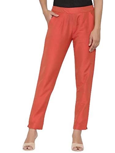 Women Orange Slim Fit Solid Trousers