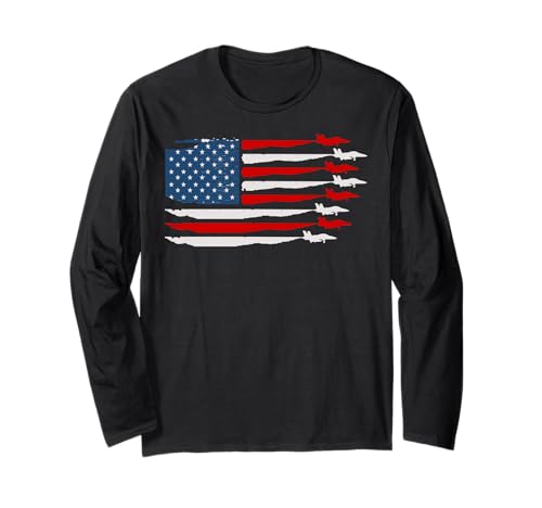 Patriottica USA Flag Fighter Jets Military Pride Maglia a Manica