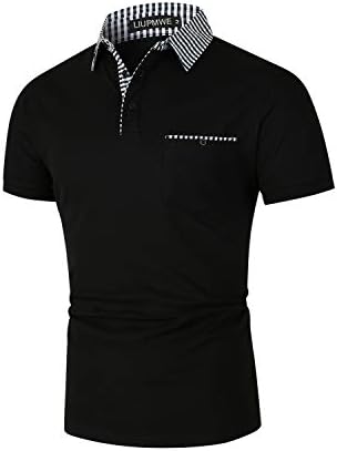 LIUPMWE Men's Short Sleeve Polo Shirts with Pocket Slim fit Plaid Golf Polo T Shirts (XL, A-Black)