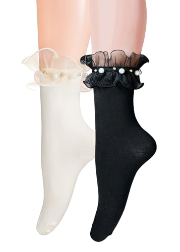 Image of CAT KO 2 Pairs Women Ankle Socks Lace Ruffle Frilly Pearl Soft Cotton Princess Girls socks for Lolita