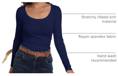 Image of Roselux Womens Long Sleeve Scoop Neck Ribbed Knit Fitted Casual Tops Tee Slim Basic Shirts