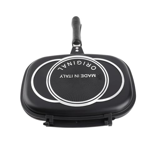 Portable Grill Pan Double Sided Frying Pan 32cm 12.6in with Anti-Burn Handle Black