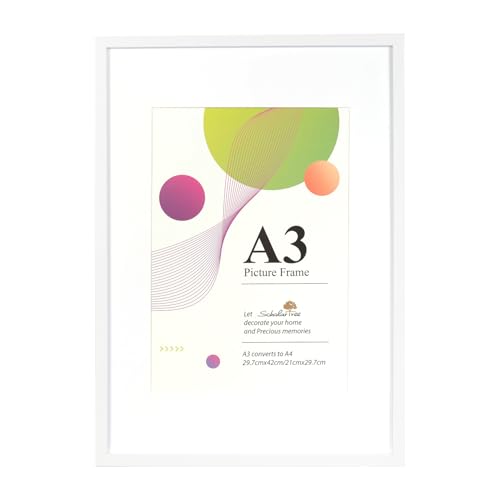 Scholar Tree A3 Frame - 1 Pack A3 White Frame, White Picture Frames 29.7 x 42 cm, Wooden Photo Frames with A4 Mount, A3 Picture Frames with Wall Hanging