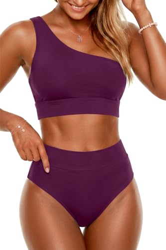 Image of Holipick Women One Shoulder High Waisted Bikini Sets Two Piece Swimsuit Tummy Control Bathing Suit Full Coverage Swimwear