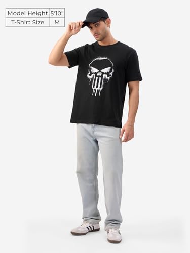 Image of The Souled Store Official Punisher: Classic Logo Men and Boys Short Sleeves Round Neck Black Graphic Printed Regular Fit Cotton T-Shirts