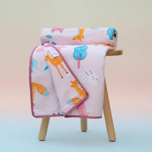 Image of LORETO - A QUALITY LINEN BRAND 100% Cambric Cotton Double Dohar 88 x 90 Inches, 3-Layer Lightweight AC Blanket with Soft Cotton Flannel Filling, Breathable Summer Quilt, Reversible, Peach Baby Animals