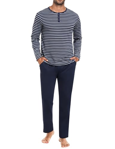 Marvmys Pijamas Hombre Invierno Algodon Largo Conjunto Manga Larga Cuello Botones Rayas Tops Pijama y Pantalones con Bolsillo Estilo D M