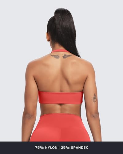 Image of Aoxjox Women's Workout Sports Bras Fitness Taylor Scrunch Halter Bra Yoga Crop Tank (Spiced Coral, Small)