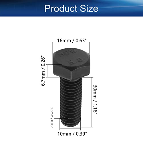 Image of M10 x 30mm Carbon Steel Grade 8.8 External Hex Head Screw Bolts Metric Thread Hexagon Bolts Fastener, 36.7 x 16 x 16mm (Lx W x H) Bolts for Machinery Industry Furniture Black 5pcs