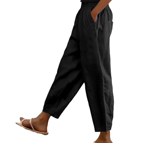 Cotton Linen Trouser Women UK Solid Color Elasticated Waist