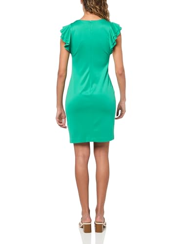 Image of Tommy Hilfiger Women's Sleeveless Ruffle Hem Jewel Neck Crepe Sheath Mini Dress
