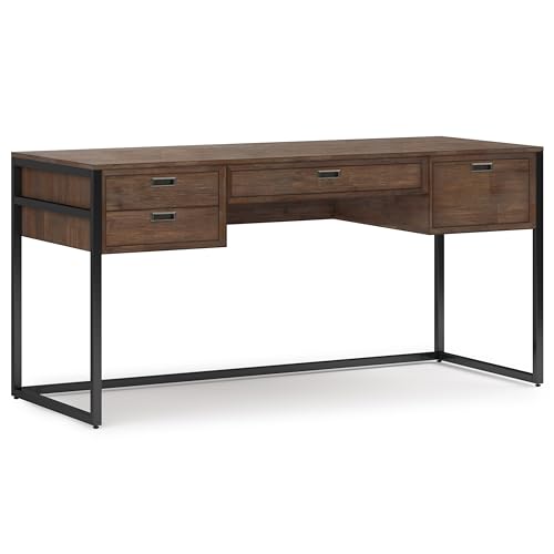 SIMPLIHOME Richmond Desk - 60-Inch Wide Solid Acacia Wood and Metal Writing Desk in Rustic Natural Aged Brown, Modern Industrial Home Office Computer Table with 2 Drawers and Flip-Down Keyboard Tray