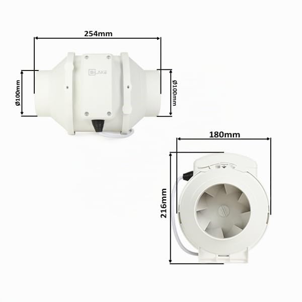 Extractor de aire en línea Bilake silencioso para conducto circular/tubular de 100mm 38/42W