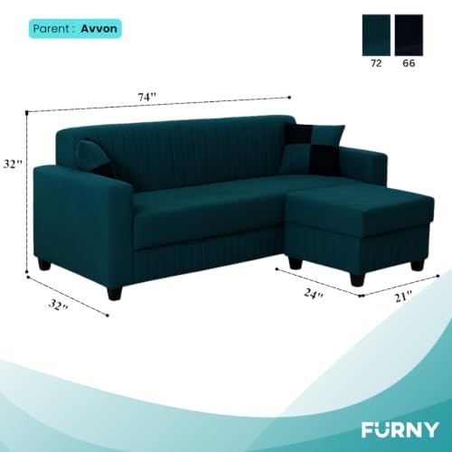 Image of Furny Grace 3 Seater Fabric Sofa Set with Ottoman (Greenish Teal) | Soft Velvet Fabric | Modern Design | Comfortable Seating | Living Room Furniture