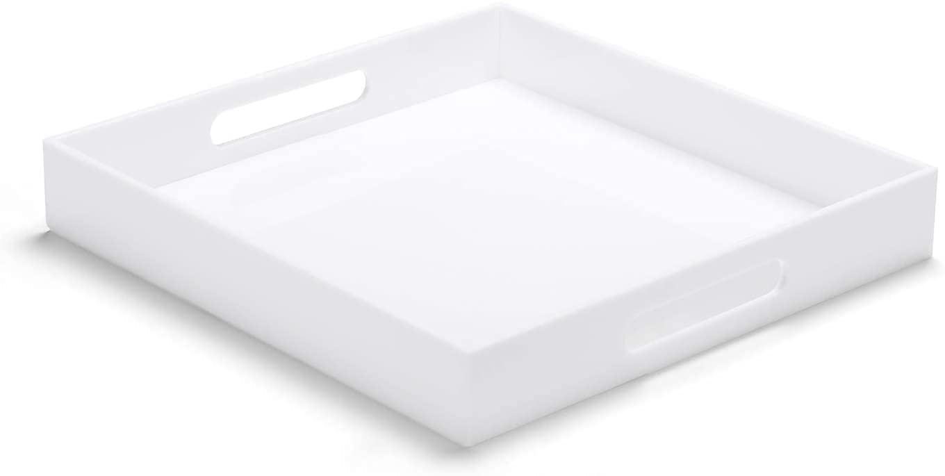 SHARMA PLASTICS White Durable Acrylic Ottoman Tray with Handles 14x14×2 Inch Spill Proof Serving Tray Safe Edge Organizer Decorative Tray for Living Room Bedroom Kitchen Bathroom Coffee