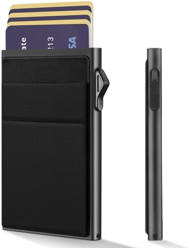 YESIIW Slim Wallet for Men - Pop up Card Holder RFID Blocking Minimalist Business Credit Card Wallet with Money Pocket Metal Card Case for Notes and Coins and Debit Cards Black