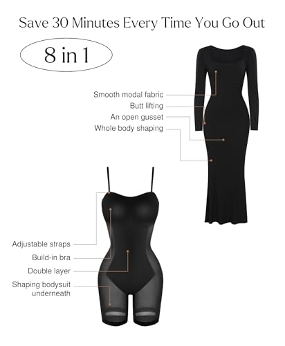 Popilush Shapewear Dress Maxi Bodycon Dress Built in Bra Bodysuit for Women Long Sleeve 8 in 1 Black Dresses with Shapewear