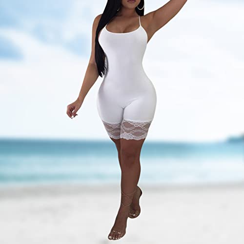 Lushandy Summer Sling Sport Jumpsuit Stretch Tight Renda Bodysuit Feminino Cor Sólida Estilo Europeu