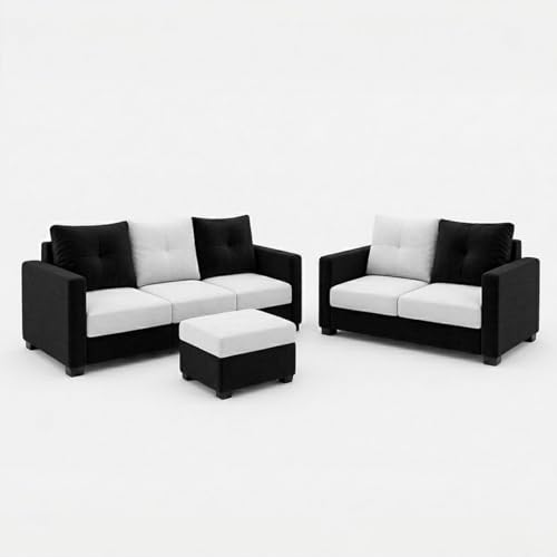 Image of FURNY Amonster 3 Seater + 2 Seater Fabric Sofa Set with 1 Ottoman (Black - Light Gray) with Velvet Finish | Durable Comfort | Ideal for Living Room
