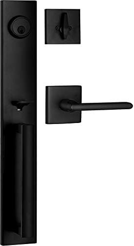 Berlin Modisch Full Escutcheon HandleSet Front Door Entry Handle and Deadbolt Lock Set Slim Square Single Cylinder Deadbolt and Lever Heavy Duty – Iron Black Finish