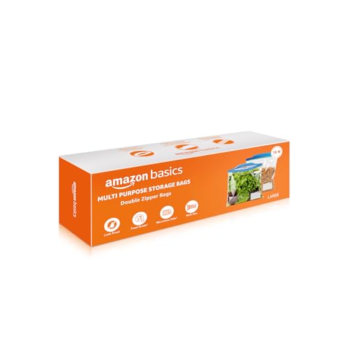 Image of Amazon Basics - Multipurpose Zip Lock Storage Bags | 15 Bags | Large | 31 x 35 cm | Reusable and Reclosable with Double Zipper | Material Plastic | Leak- Proof | Food Grade | Microwave Safe
