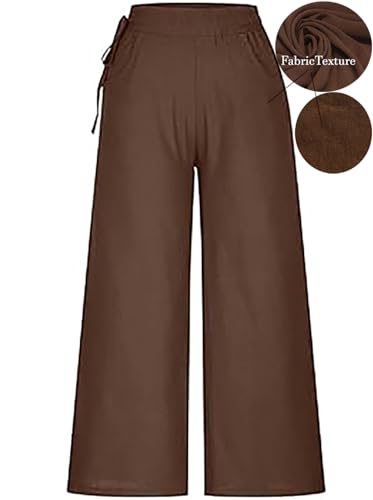 Image of KOTTY Women's Crumble Fabric High Waist Solid Color Drawstring Wide Leg Trousers Loose with Pockets