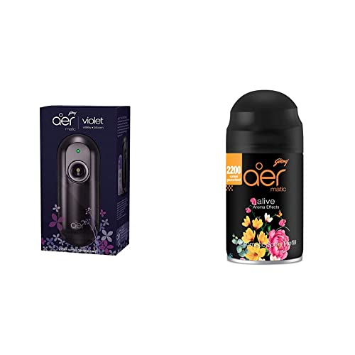 Image of Godrej Aer Matic, Automatic Air Freshener Kit With Flexi Control - Violet Valley Bloom (225 Ml) And Automatic Air Freshener Refill, Premium Fragrance - Alive (2200 Sprays)