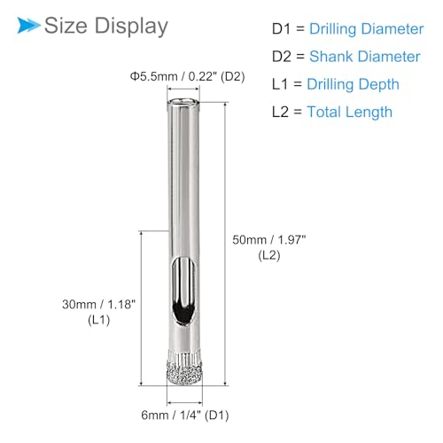 Brocas para perforación con diamante, diámetro de perforación 6 mm / 1/4", acabado niquelado, acero al carbono — 8 piezas (para vidrio, cerámica, mármol y piedra) miniatura 2