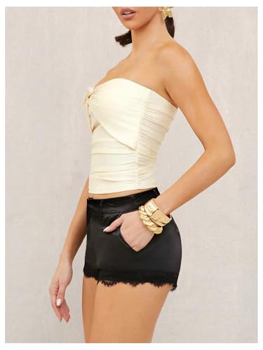 Floerns Women's Rhinestone 3D Floral Sleeveless Bandeau Ruched Strapless Tube Top2