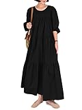ZANZEA Damen Rundhals Langarm Kleider Puffärmel Kordelzug Einfarbig Casual Swing Lange Strand Sommer Maxikleid Einfarbig-Schwarz M