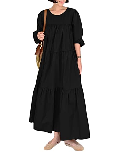 ZANZEA Damen Rundhals Langarm Kleider Puffärmel Kordelzug Einfarbig Casual Swing Lange Strand Sommer Maxikleid Einfarbig-Schwarz 4XL Cover