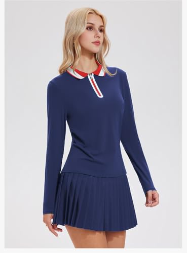 Image of Tennis Skirt Sets for Women Zipper Color Block High Waisted Golf Polo Two Piece Skirt Set Women 2 Piece Outfits