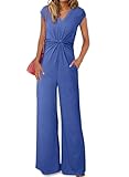 Happy Sailed Jumpsuits for Women V Neck Knot Twist Runched Waist Wide Leg Long Pants Romper Jumpsuit with Pockets Fashion 2025 Blue Medium