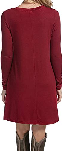 Molerani Women's Casual Plain Long Sleeve Simple T-Shirt Loose Dress, Wine Red,Medium #TOP1