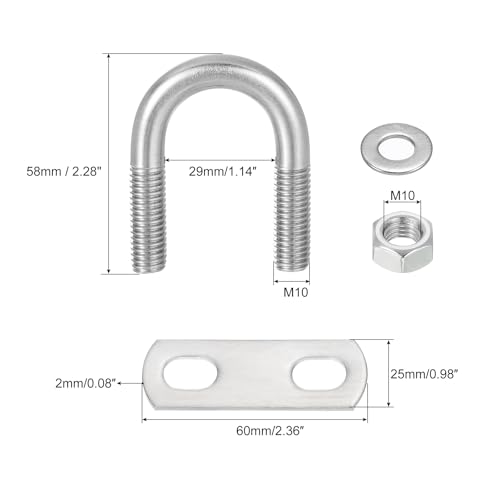 Image of uxcell Round U-Bolts, 4 Sets 29mm(1.14 inch) Inner Width 58mm Length M10 304 Stainless Steel U Clamp Bolt with Nuts and Plates, for Boat Trailer
