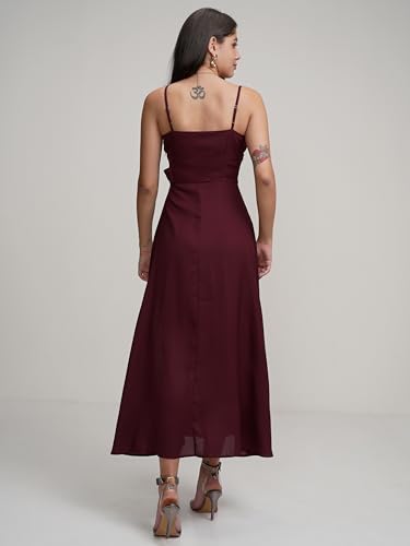 Image of Tokyo Talkies Women's Maxi Length | Strappy Design | High Slit | Flowy Silhouette Glamorous | Bold Thigh-High Slit for Effortless Elegance