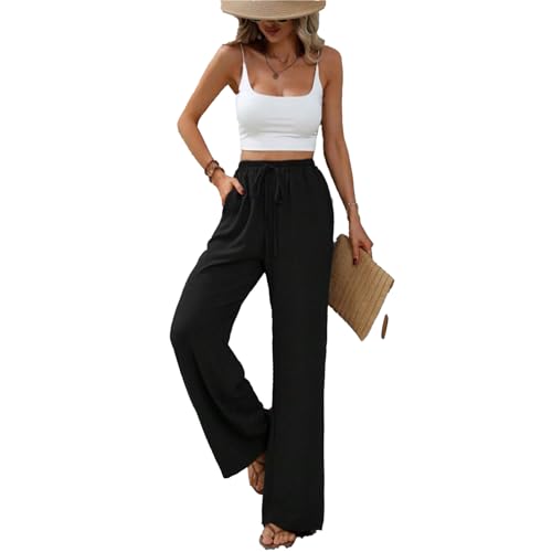 Btofellin Pantalones de pierna ancha, pantalones casuales ligeros para mujer, elegantes, sueltos, palazzo con bolsillos, pantalones de pierna recta para mujer, Negro, L Grande