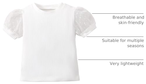 Image of OPAWO Toddler Girl Shirts Short Sleeve Ribbed Cotton Baby Tee Girls Tops | Polka dot tulle puff sleeves, Super soft and lightweight, Solid color, Versatile, Fit for summer, 12 Months to 8 Years